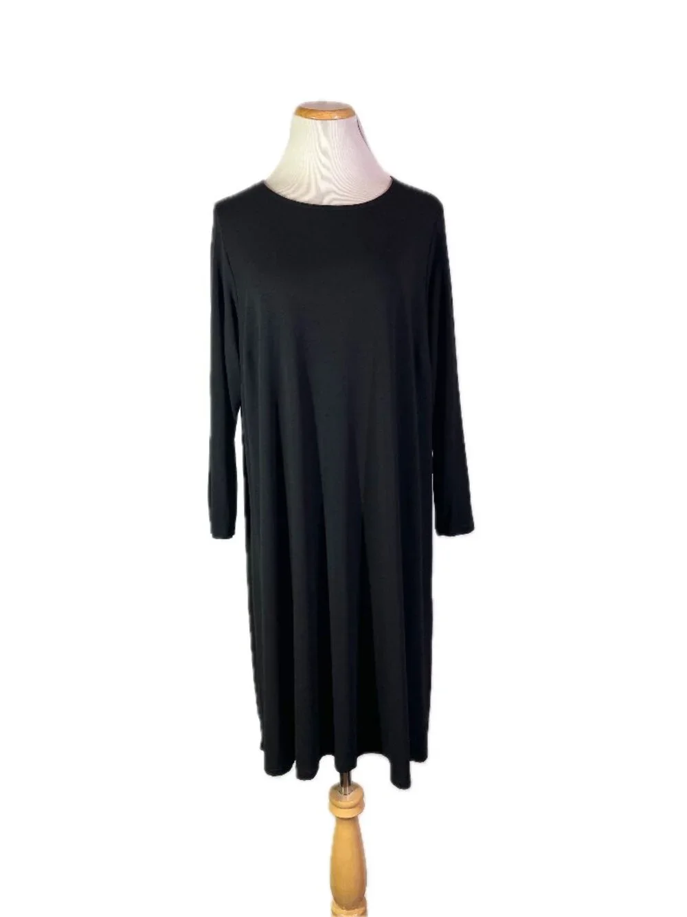 Eileen Fisher Size L? Black Viscose Knit Shift Dress Long Sleeve Stretchy